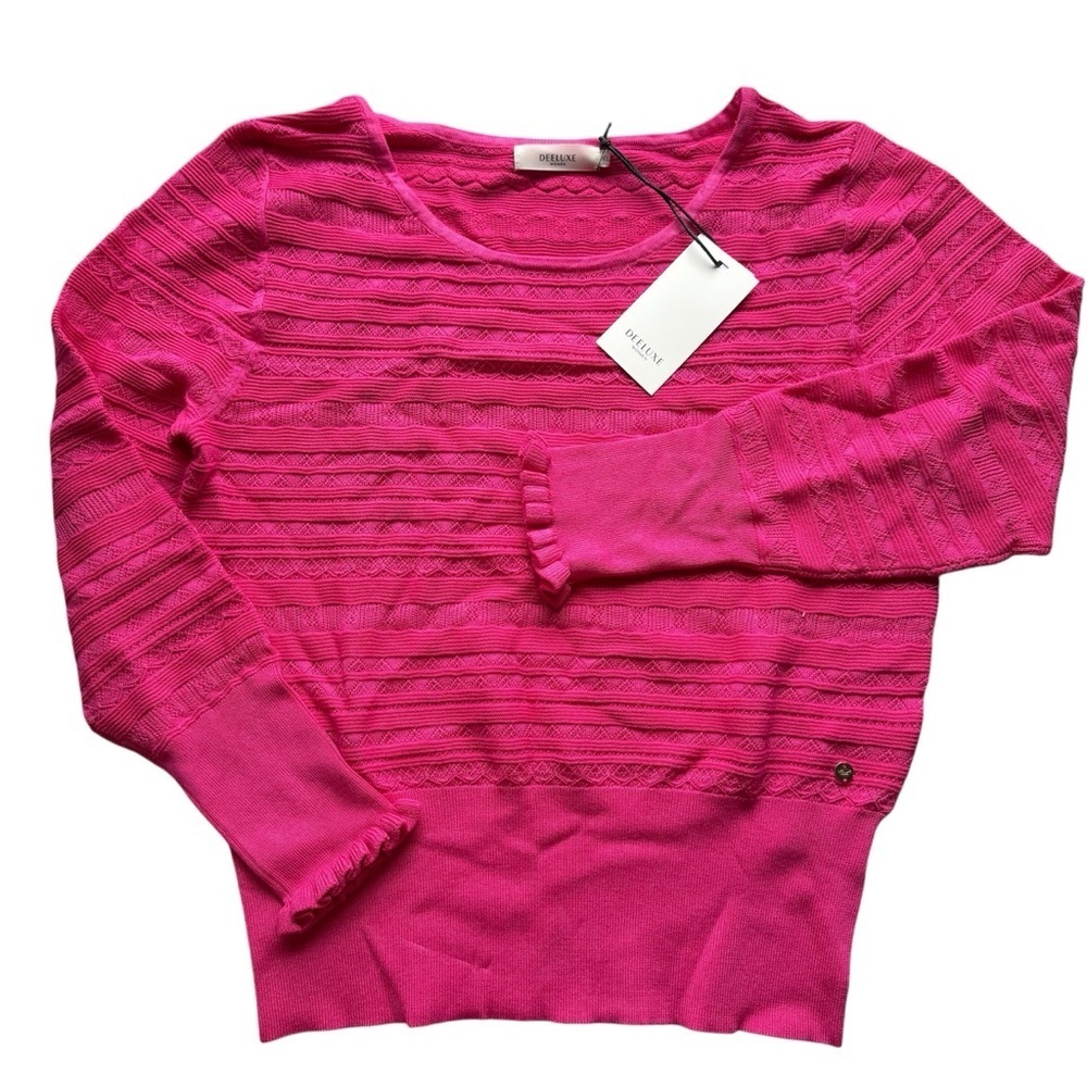 Fuchsia Hot Pink Sweater Ruffle Frill Cuff Pullover Textured Barbiecore Deeluxe